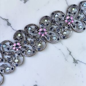 Vintage '90s Black Tone Pink, Yellow, Blue And Black Rhinestone Floral Lace Brac